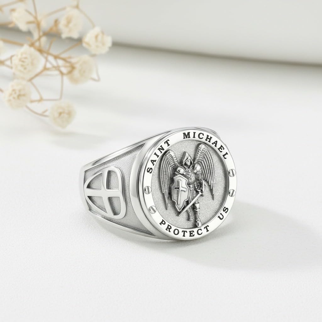 St Michael Ring for Men Women Saint Michael Archangel Ring Religious Protector Jewelry Gifts for Birthday Anniversary Father's Day