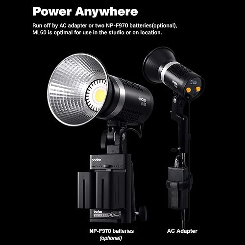 Miniatura 9 de Godox ML60, luz de video LED de mano de 60 W, 69000LUX@1.6 ft, CRI96+ TLCI 97+, 16 grupos 32 canales 99IDs, ventilador ultra silencioso, compatible