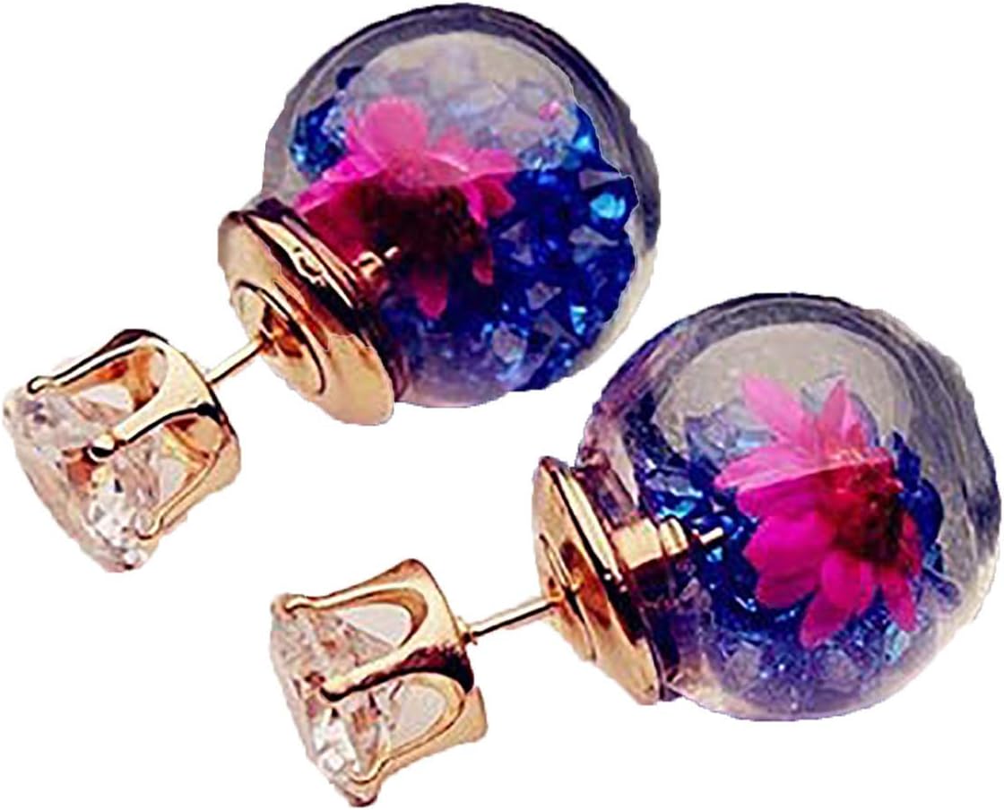 Brussels08 Women Fashion Elegant Dried Flower Crystal Rhinestone Ball Ear Studs Earrings Jewelry Gift Sparkling Eardrop Stud Piercing Ear Ring for Women Teen Girls Dark Blue