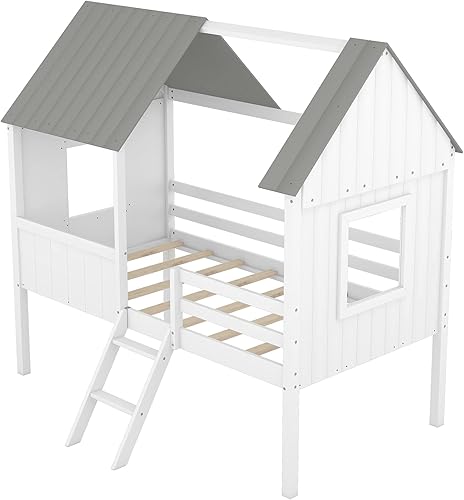 Miniatura 6 de Cama de tamaño individual para niños, marco de cama baja tamaño individual, cama individual de madera para niños con dos ventanas laterales y techo,