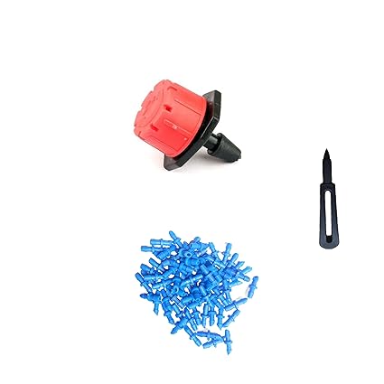 NEXTGEN AGRO Drip Irrigation Accessories RED Adjustable Emitters (Dripper) and Pin Connectors with 4mm Punch Tool (Emitters -100pcs/Pin Connectors-100pcs/TOOL-1)