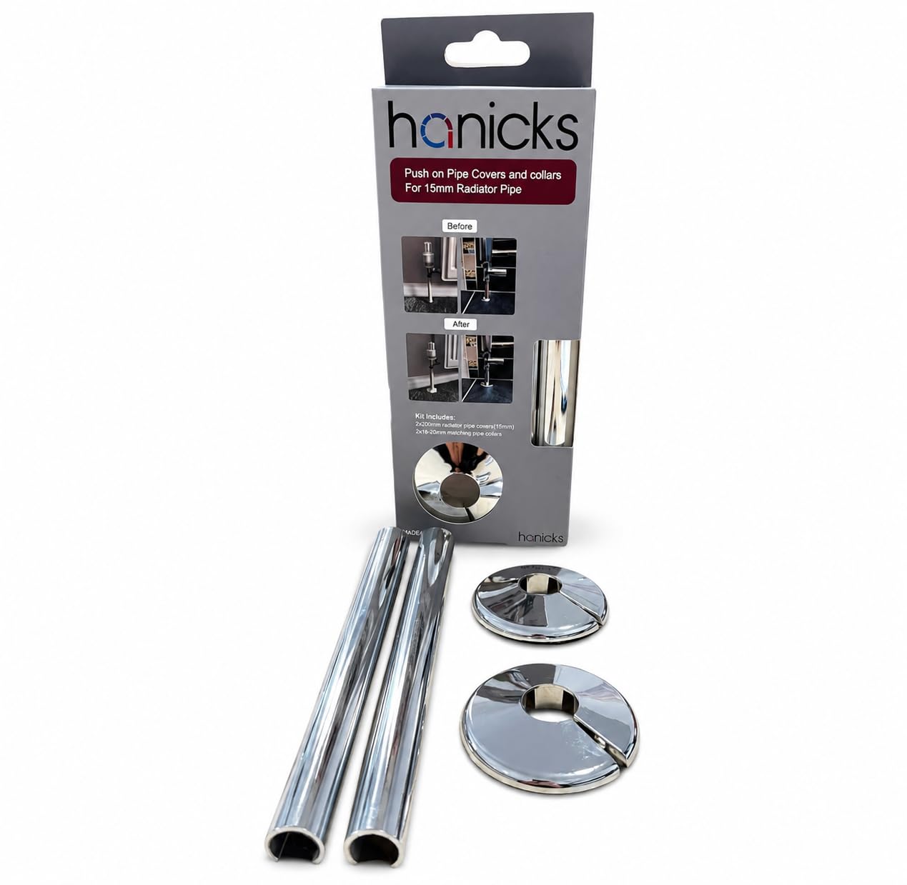 Chrome Radiator Pipe Covers 15mm x 200mm with Collars, Snap-On Central Heating Pipe Cover Kit, Easy Fit Radiator Pipe Sleeves for Exposed Pipework, Pack of 2 (H3844) - Hanicks
