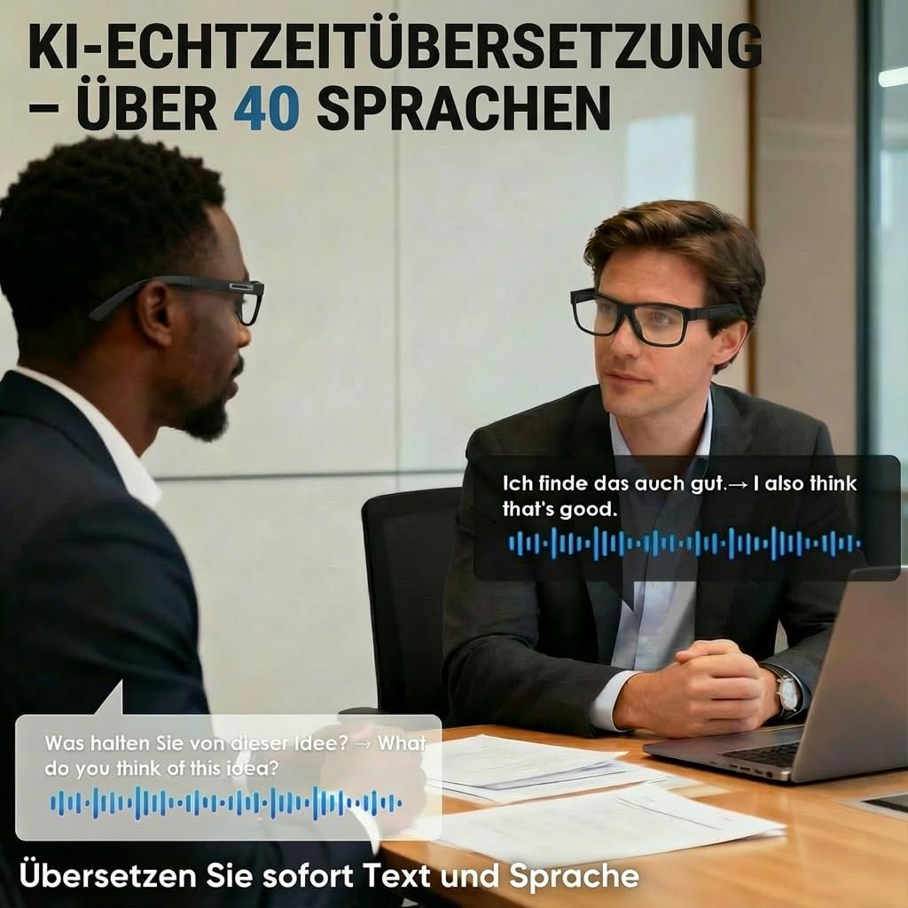 Brille mit Kamera, 8 MP 1080P Smart Glasses Dual-Core-Prozessor mit KI-Assistent für Echtzeitübersetzungen, 410 mAh für 16 Stunden Standby-Zeit, WLAN Bluetooth Intelligente Brille