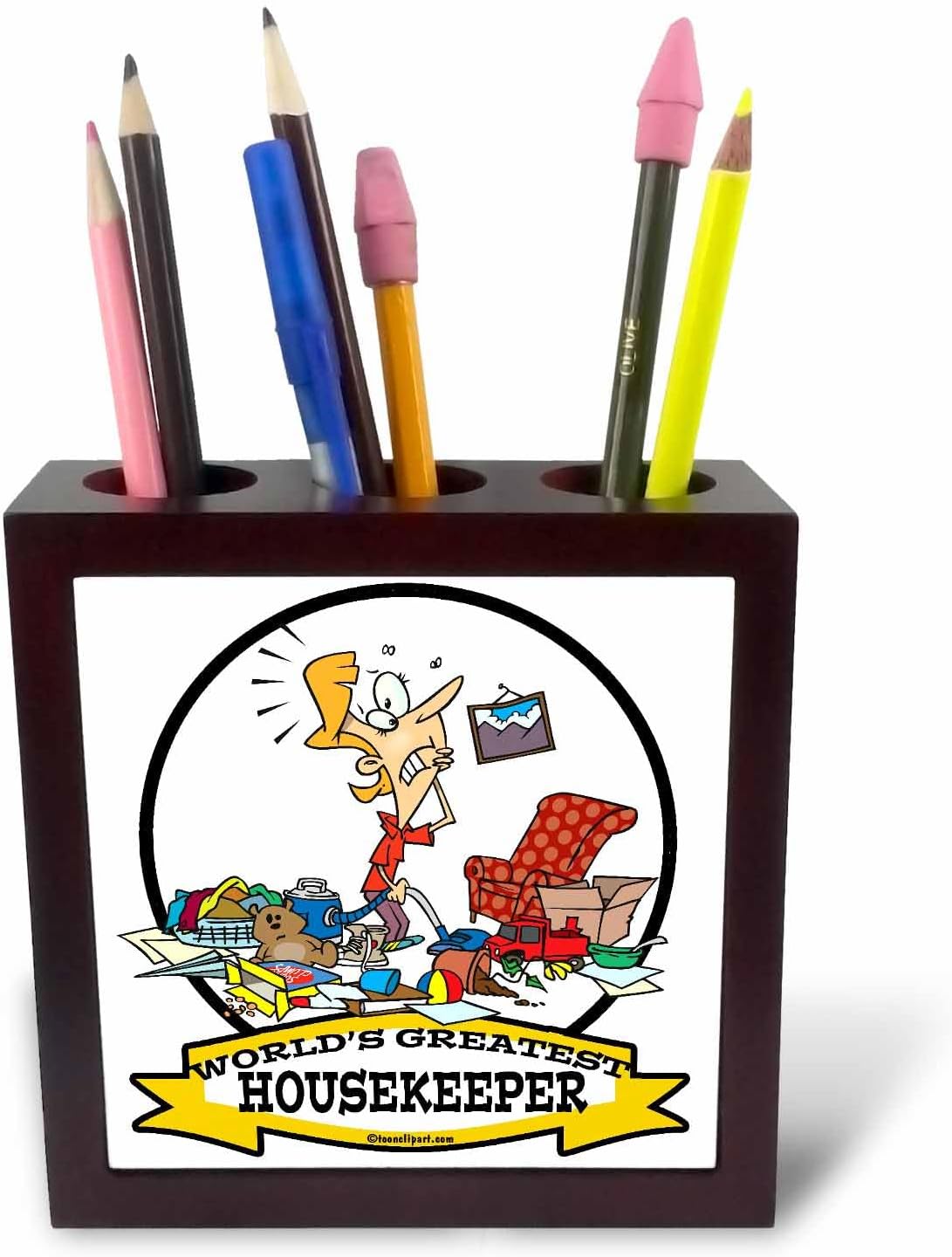 3dRose Funny Worlds Greatest Housekeeper II Cartoon 5 inch tile pen holder