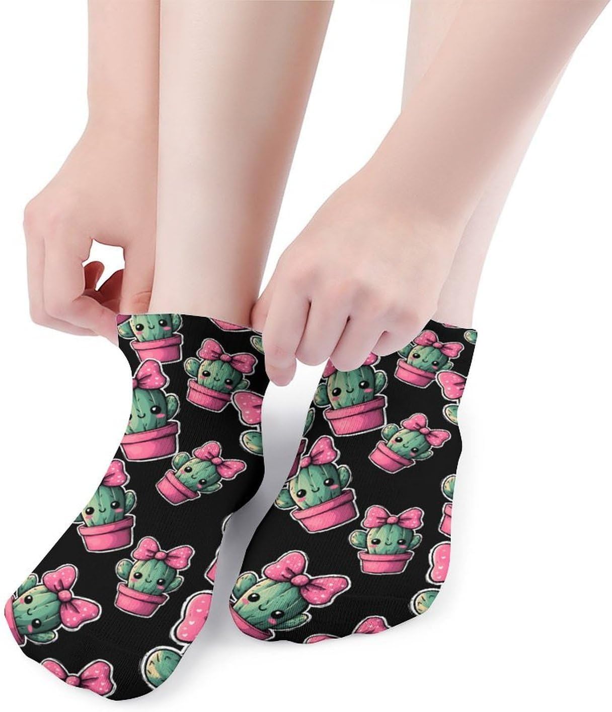 Cactus Girl with Bow No Show Ankle Socks Low Cut Non Slip Flat Boat Line 5 Pairs Set