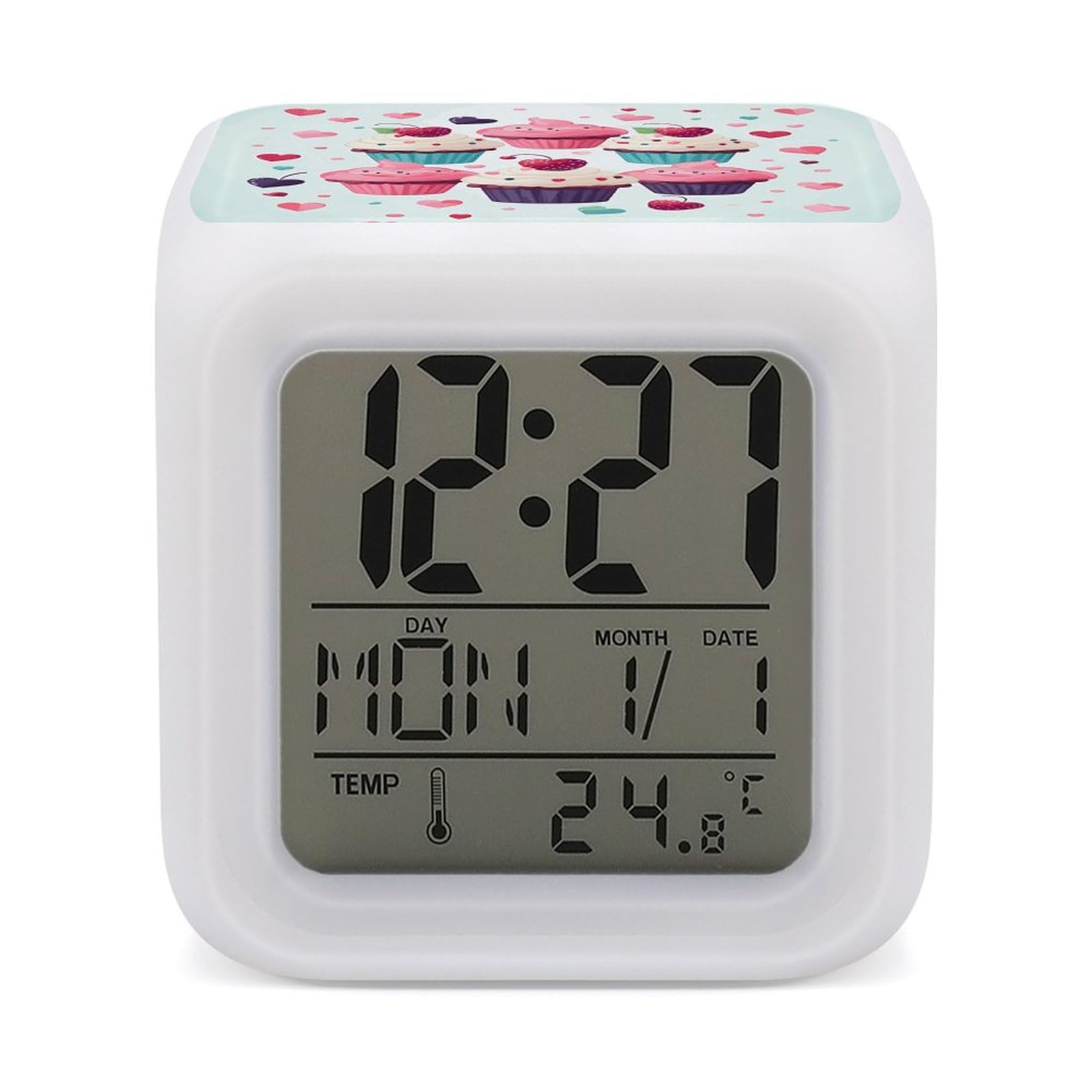 JTREHY 7 Color Changing LED Digital Alarm Clock,Cupcake Candy Hearts Sweet Printed Wake-up Clock with Temperature Display Home Decoration Alarm Clock for Bedroom Office