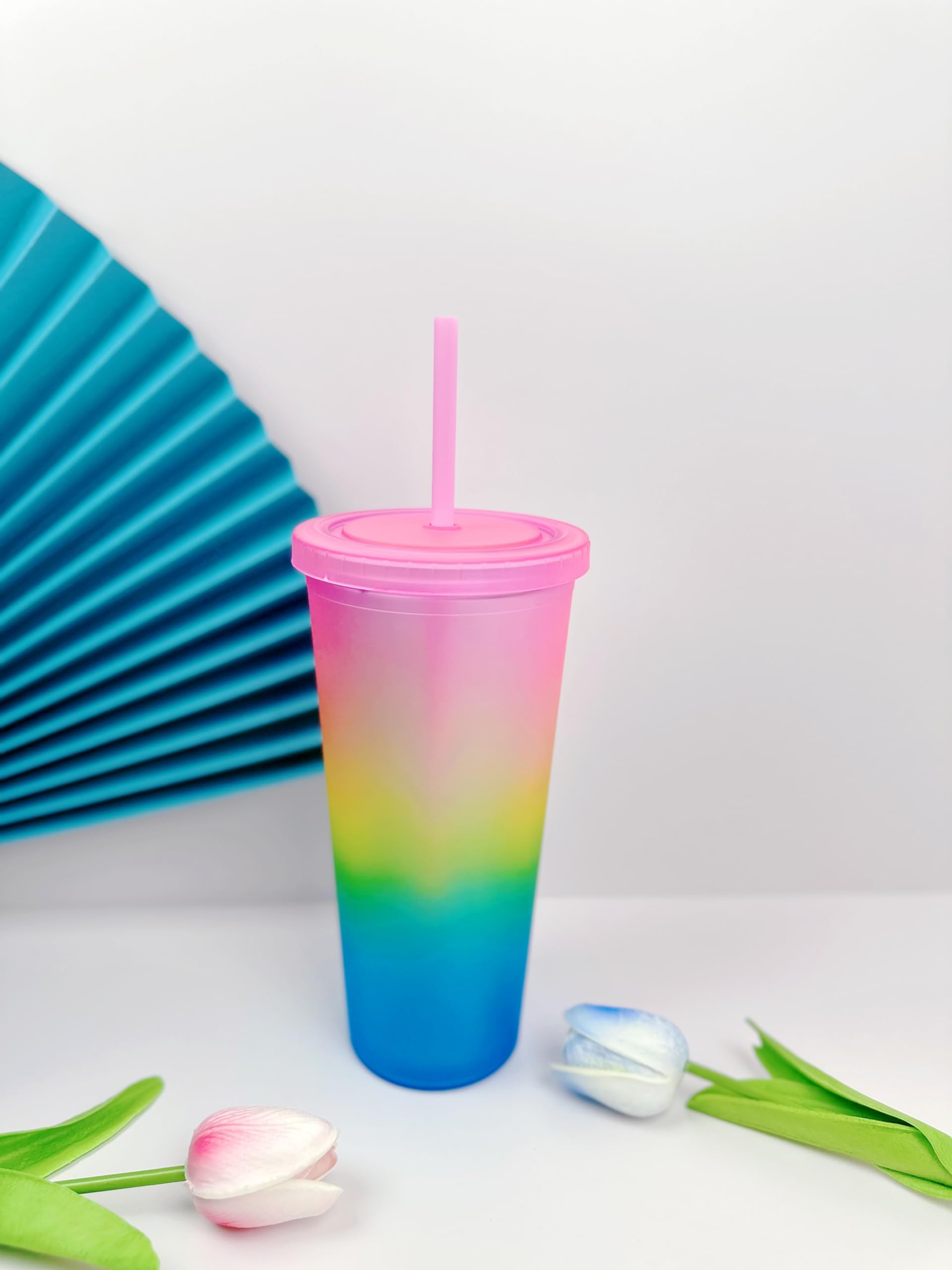 LINDACA 24oz/710ml Double Wall Gradient Colour Reusable Plastic Cup with Lid and Straw (Pink), Large - Image 2