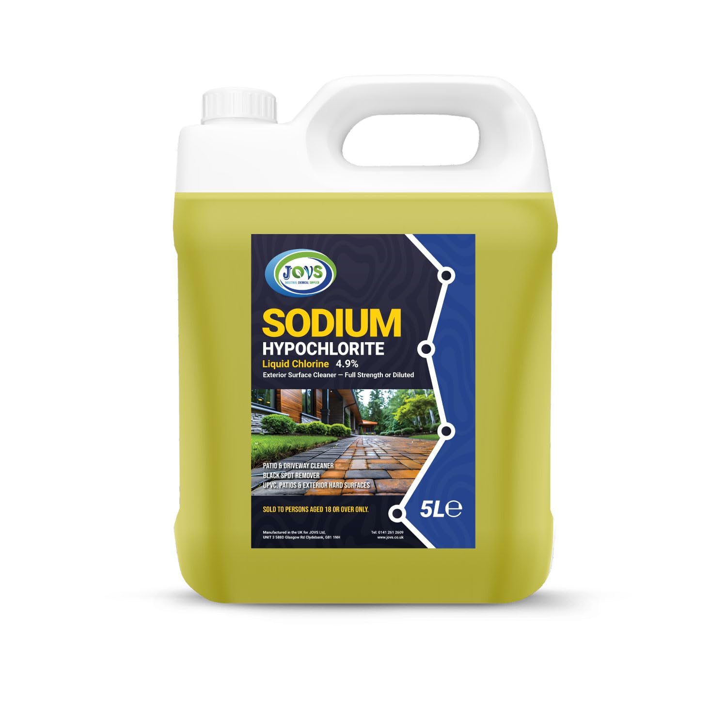 JOVS Sodium Hypochlorite 4.9% Liquid Chlorine 5L — Patio & Driveway Cleaner, Full Strength or Diluted — Black Spot, Algae & Moss Staining Remover — Suitable for uPVC, Patios, Brick & Fencing.