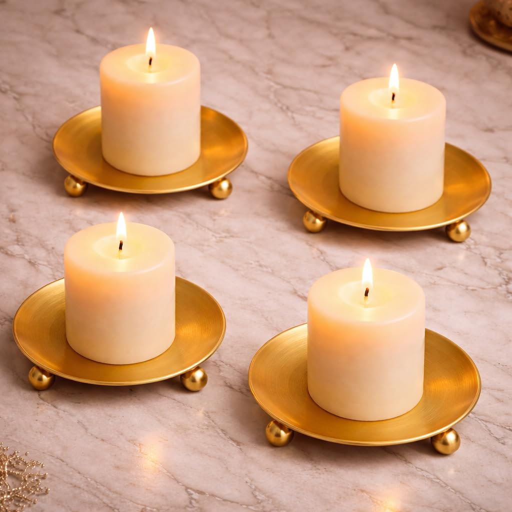 Gold Metal Round Tealight Candle Plate Stand with Ball Legs | Decorative Table Centerpiece for Home Décor, Festive Decoration & Gifting (4)