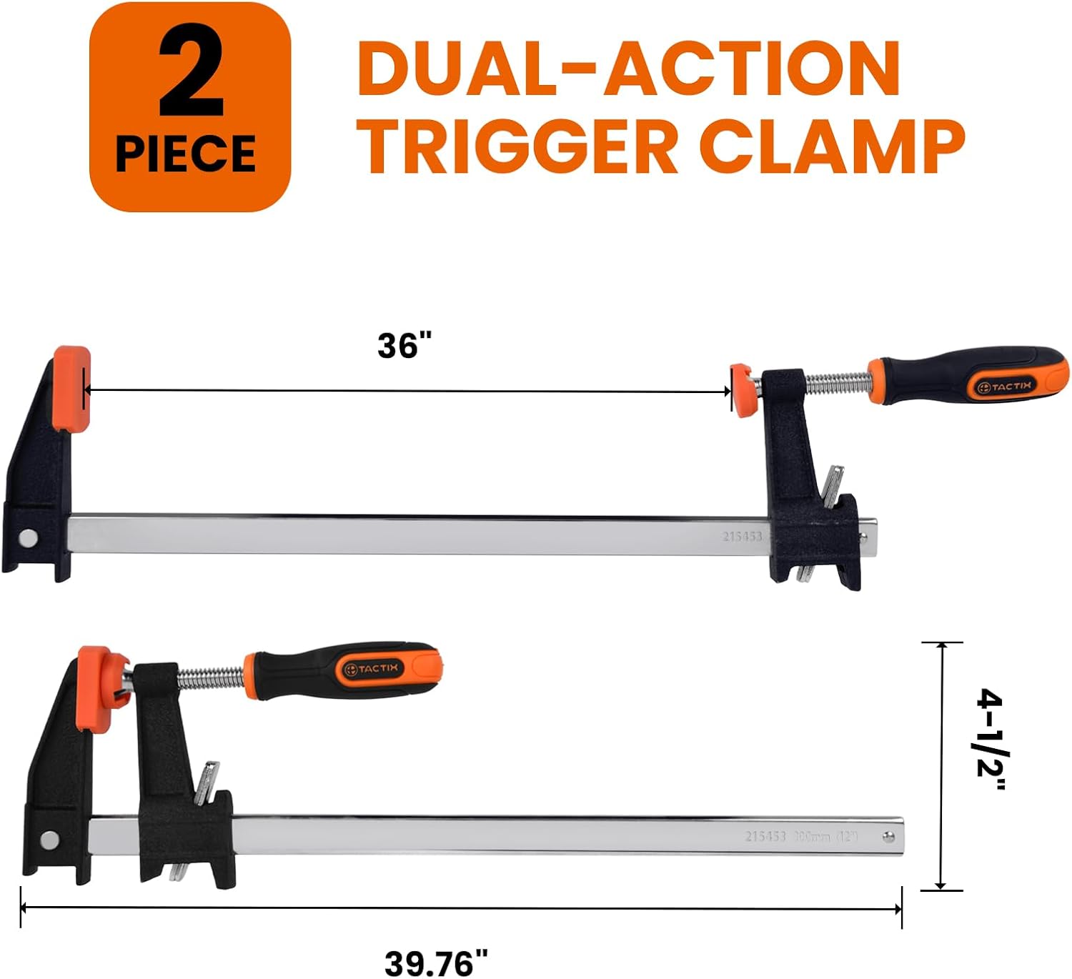 TACTIX 36" Steel Bar Clamps Set, 2-pack Quick-Release F Clamp with 2.4" Throat, 660 lbs Steel F Clamp for Woodworking, Metalworking, DIY