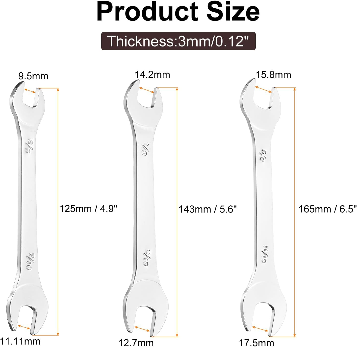 HARFINGTON 3pcs Thin Open End Wrenches SAE, 3/8x7/16, 1/2x9/16, 5/8x11/16 Inches, Slim Wrench Tool for Tight Spaces Repair