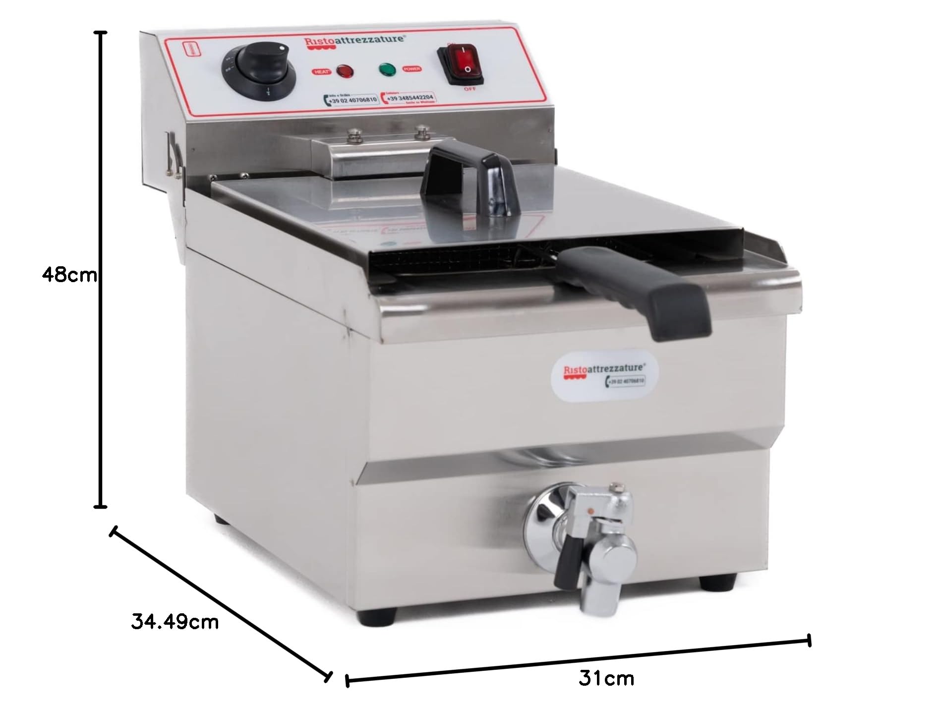 Ristoattrezzature Friggitrice Elettrica Singola Vasca, Professionale in Acciaio Inox - con Rubinetto di Scarico - 13 Litri, Capacità Olio 10 Litri - 220 Volt