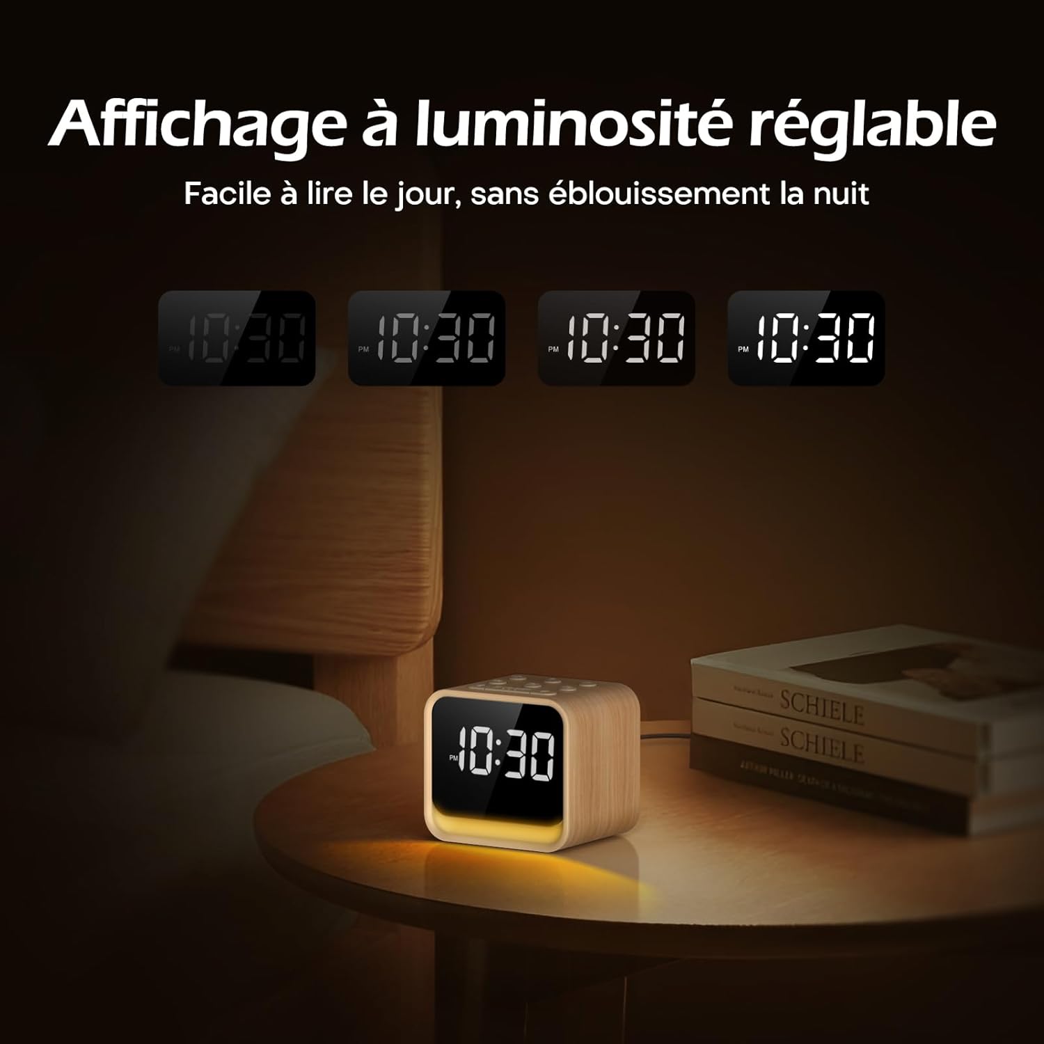 Empat mantanamples of the REACHER CR7WL display at different brightness levels, from very dim to bright, showing 10:30.