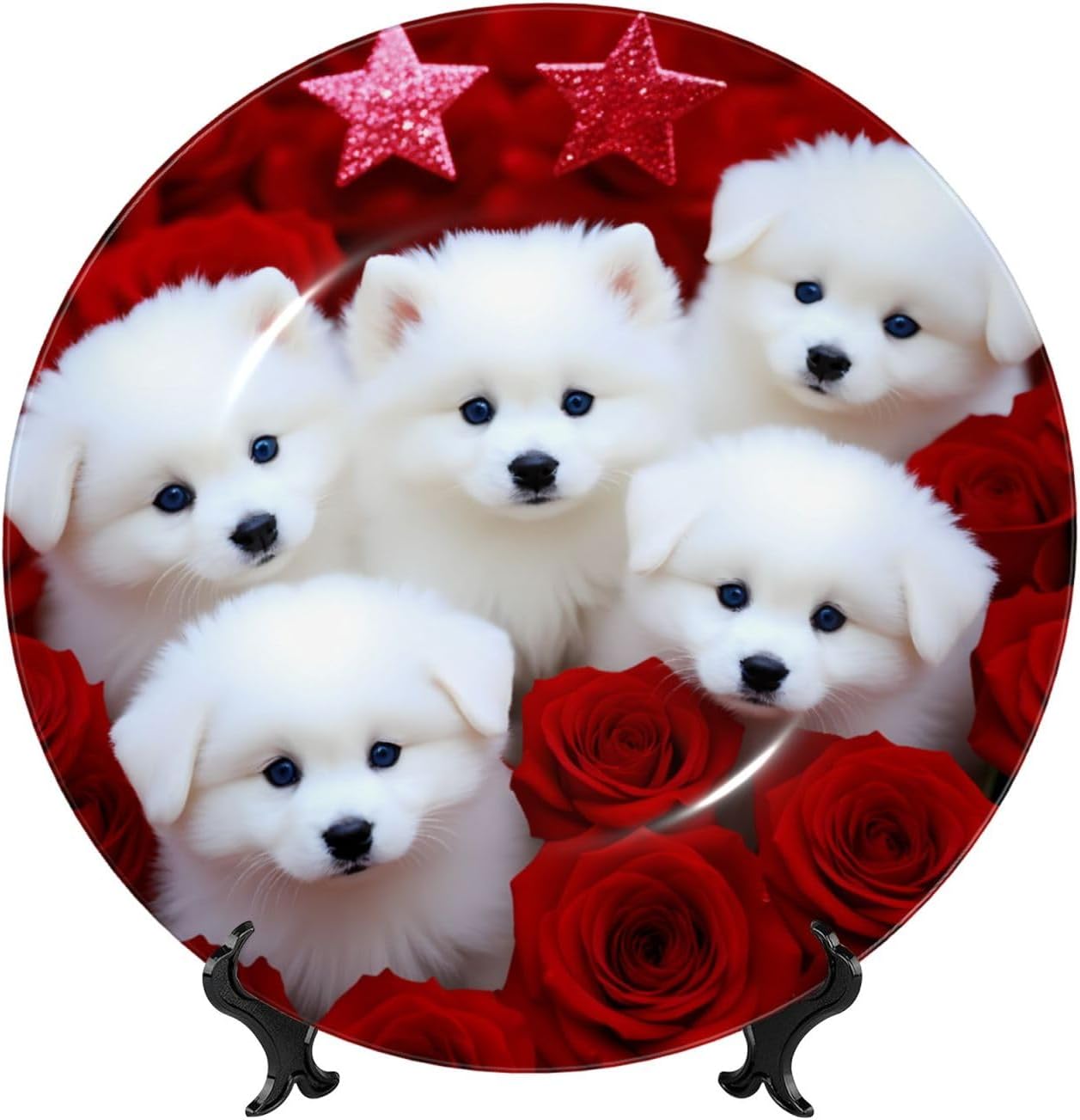 White Dogs Red Roses Style Ceramic Plate Display Decorative Plate With Stand Wall Hanging Plate For Home Decor 10 Inch