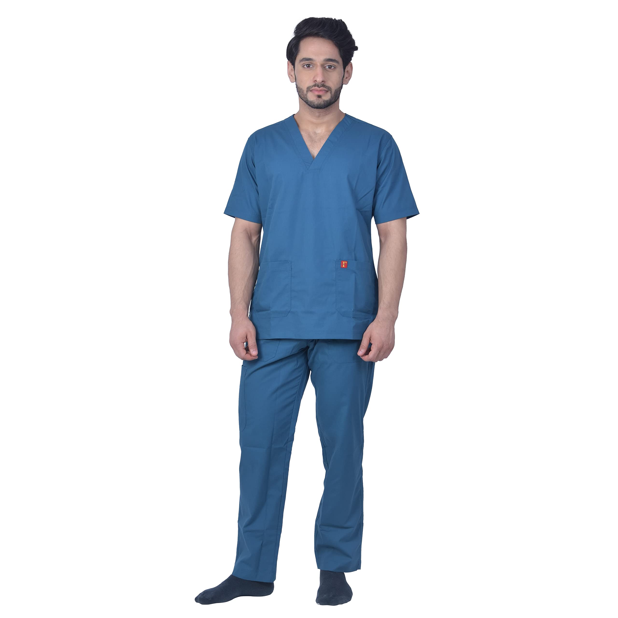 FRENCH TERRAIN Unisex Polyester Cotton V-Neck Scrub Suit, Set of Top and Pant, Triple Stitch Top with 2 Pockets, Bottom Elasticated Waist with Drawstring & Extra Knee Pocket (L_caribbean Blue)