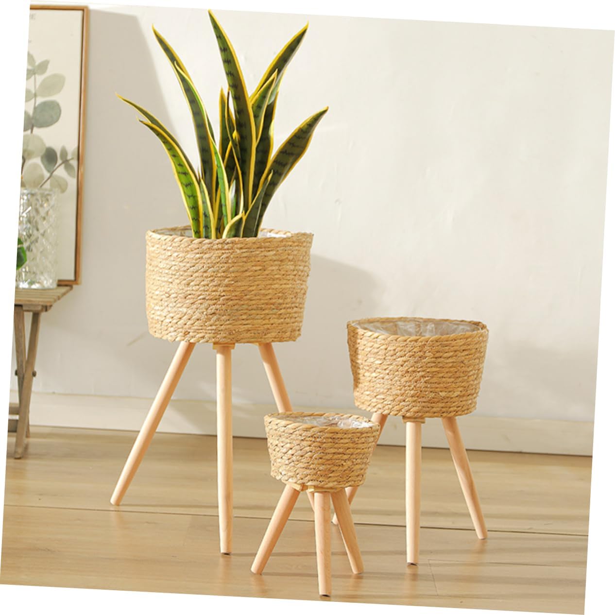 Levemolo Stable Wooden Flower Pot Stand Wicker Barrel Stand for Succulent Plants