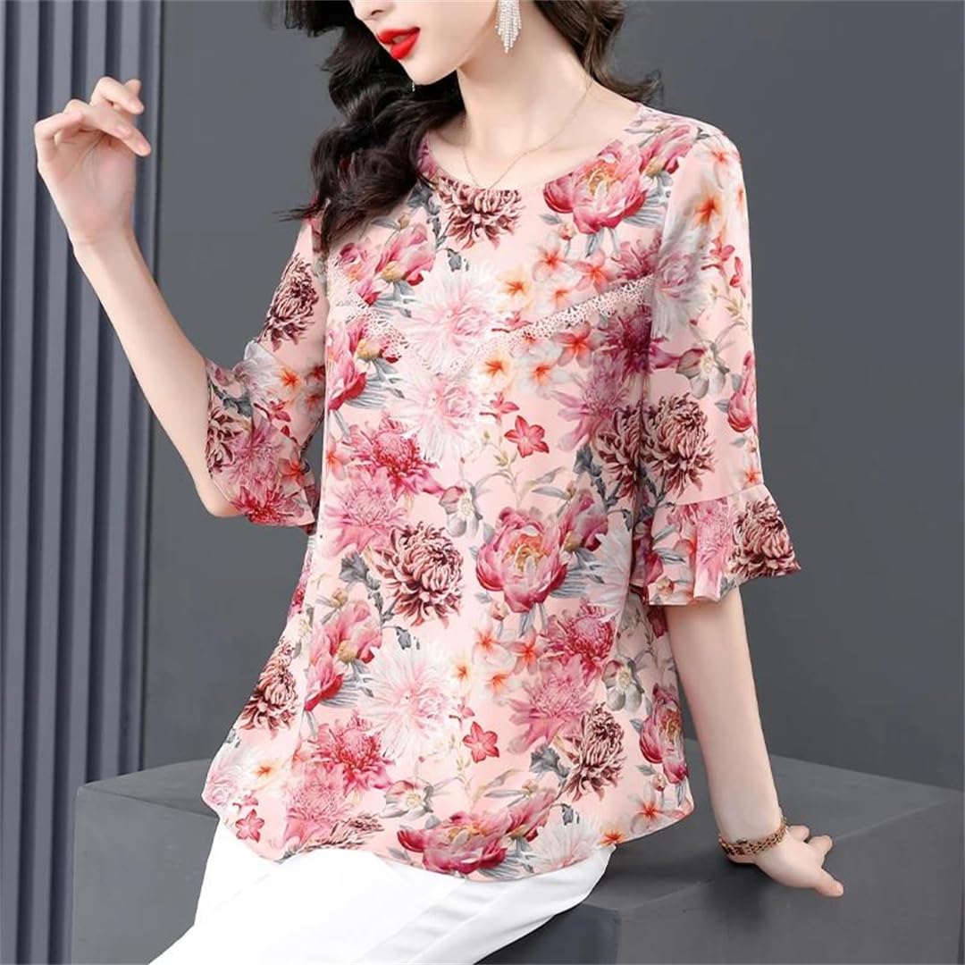 Camicia da donna in seta con stampa floreale in chiffon a maniche svasate estate O-collo sottile manica corta sottile