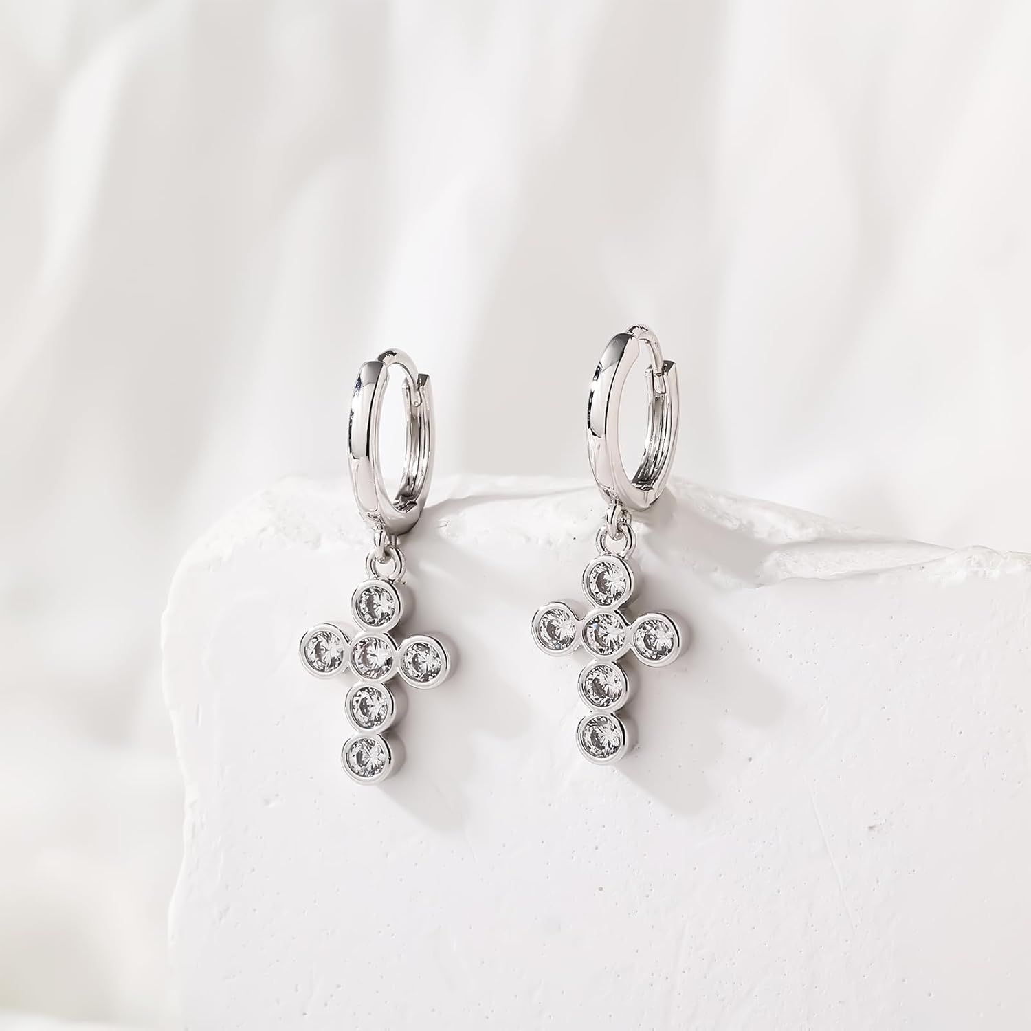 FEEL STYLE 14K Gold/White Gold Plated Drop Dangle Cross Earrings for Women Men, Hypoallergenic Dainty Lightweight Small Huggie Hoop Earring - Image 7