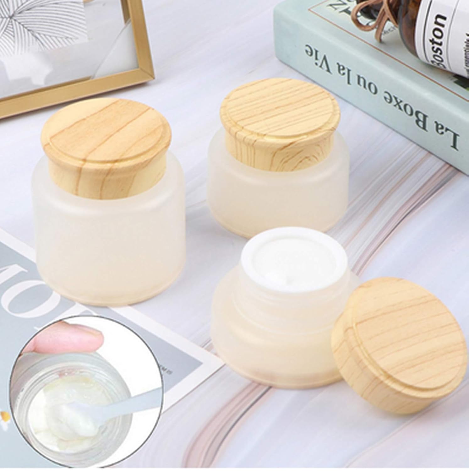 Healthcom 10 Pcs 1Oz/30ml Empty Frosted Jars Cosmetic Cream Jar Bottle Skin Care Eye Cream Jars Pot Wood Grain Lid Refillable Cosmetic Container Makeup Sample Jar for Cream Lotion Lip Balms : Beauty & Personal Care