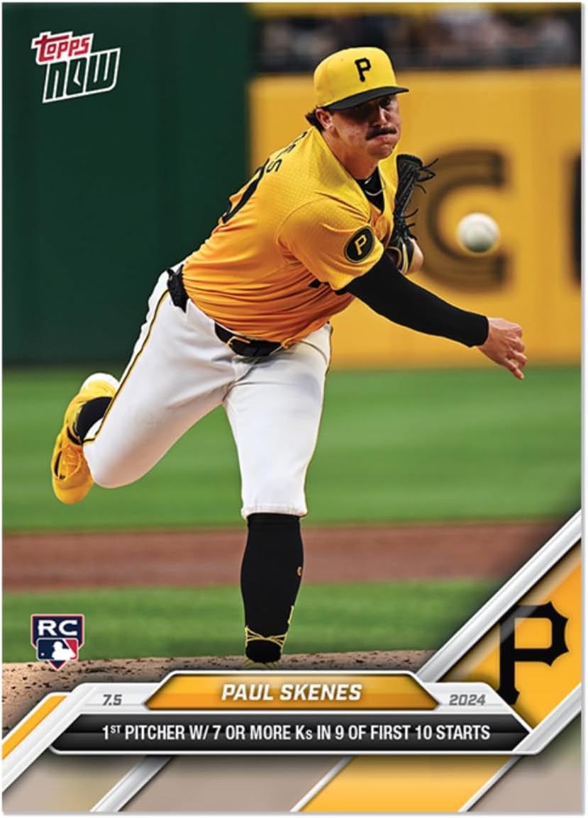 2024 T Now Paul Skenes #381- RC Rookie 1st Pitcher w/7 or More Ks in 9 of First 10 Games- 7/5/24- Baseball Trading Card- Pittsburgh - Card Shipped in Protective Screwdown Holder.