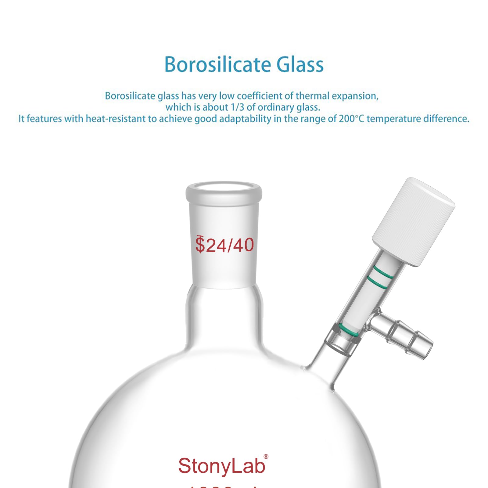 stonylab Vetro Matraccio di Schlenk, 24/40 Giunto Reazione Senza Aria Pallone Schlenk a Fondo Tondo a Parete Pesante, Round Bottom Schlenk Flask con Valvola per Vuoto Alto 0-4 mm, 1000ml