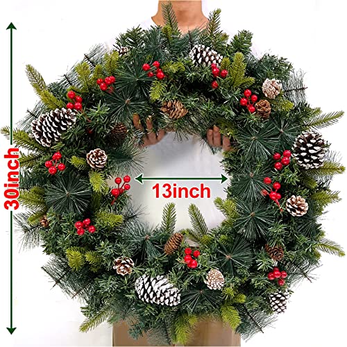 30 Inch Super Large Thick Prelit Christmas Wreath Decoration Realistic Feel 80 Colorful Lights Timer 280 Tips Giant 17 Pinecone 60 Red Berry Battery Operated Front Door Xmas Decor Indoor Outdoor Home #TOP1
