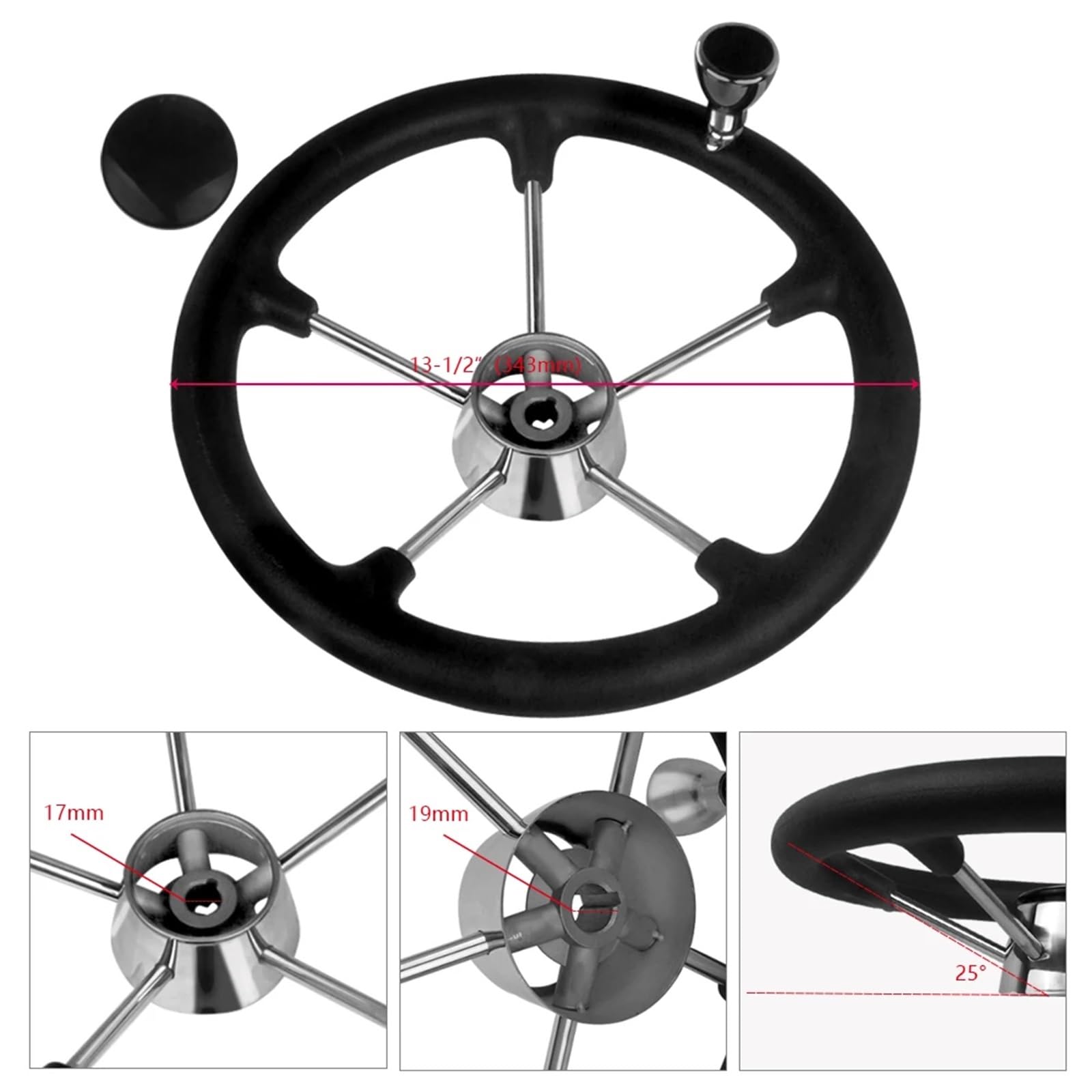 Steuerrad für Schiffe Bootszubehör Marine 13-1/2 Zoll Edelstahl 5-Speichen-Zerstörer-Lenkrad mit schwarzem Schaumstoffgriff und Knopf für Boote
