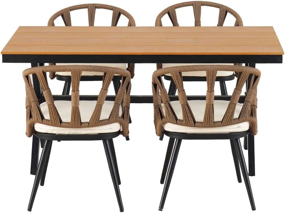 Contemporary Outdoor Set with PE Rattan Chairs and Plastic Wood Table,Suitable for Gardens and Lawns (Brown + HDPE + American Design + American Traditional)