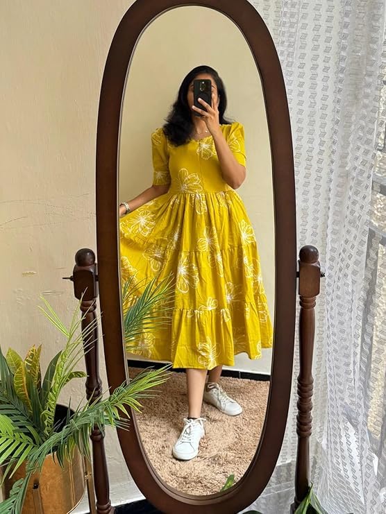 Image of Women's Pure Cotton Maxi Midi Dress Western Dress for Women Elegant Floral Printed Long Dresses | Soft & Breathable Fabric | Casual Trending Dress