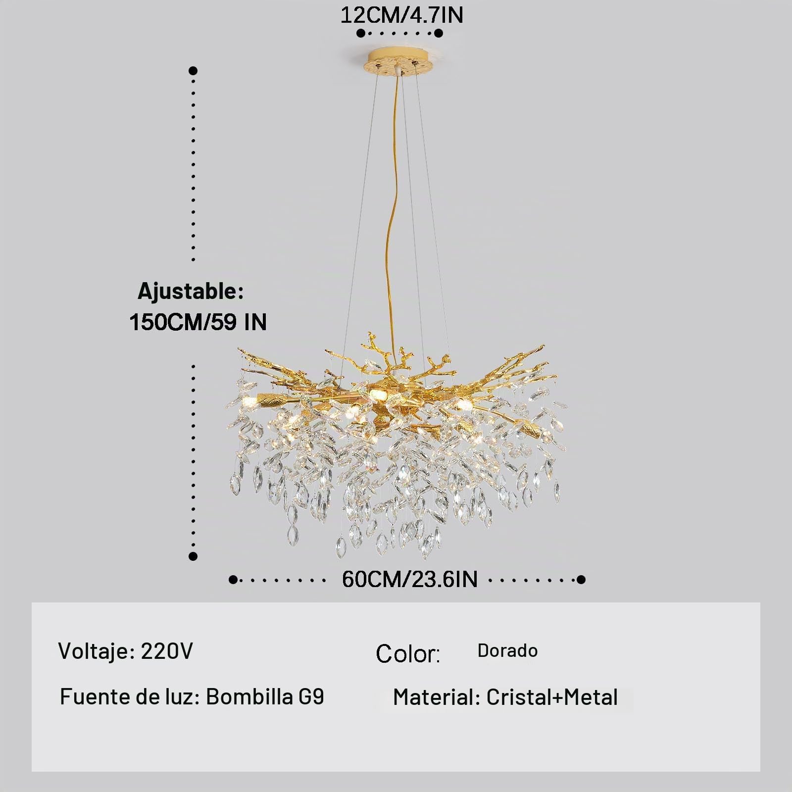 Dorada LáMpara De ArañA Colgante De Cristal,Forma De La Rama Moderna Chandelier Aluminio Para Dormitorio,10 G9 Luces Lampara Colgante Para Mesa De Comedor Cocina Sala De Estar,D60Cm | Lujosa lámpara colgante para comedor lámpara colgante cristal salón com