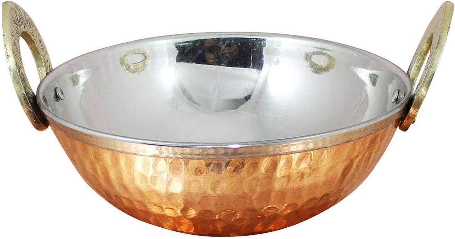 Satz von 4, der Kupfer Utensilien Indien karahi Abendessen Gemüse Schüssel mit Griff für indische Lebensmittel, Durchmesser 15 cm