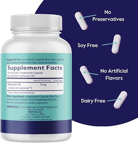 Miniatura 3 de BESTVITE Melatonina SR 5 mg (120 cápsulas vegetarianas) - Melatonina de liberación prolongada - Vegana - Sin OMG - Sin gluten