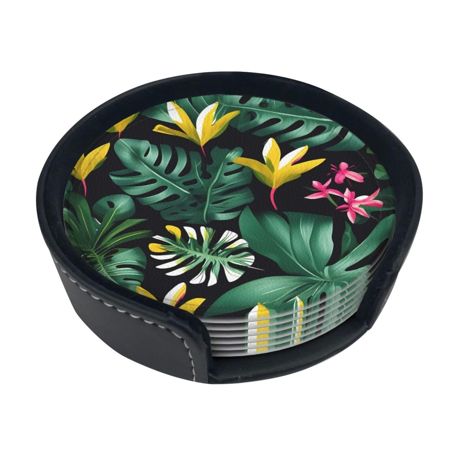 Hawaiian Tropical Leaves Flower Print Round Coasters Set Of 6,Coaster For Tabletop Protection Home Bar Decor