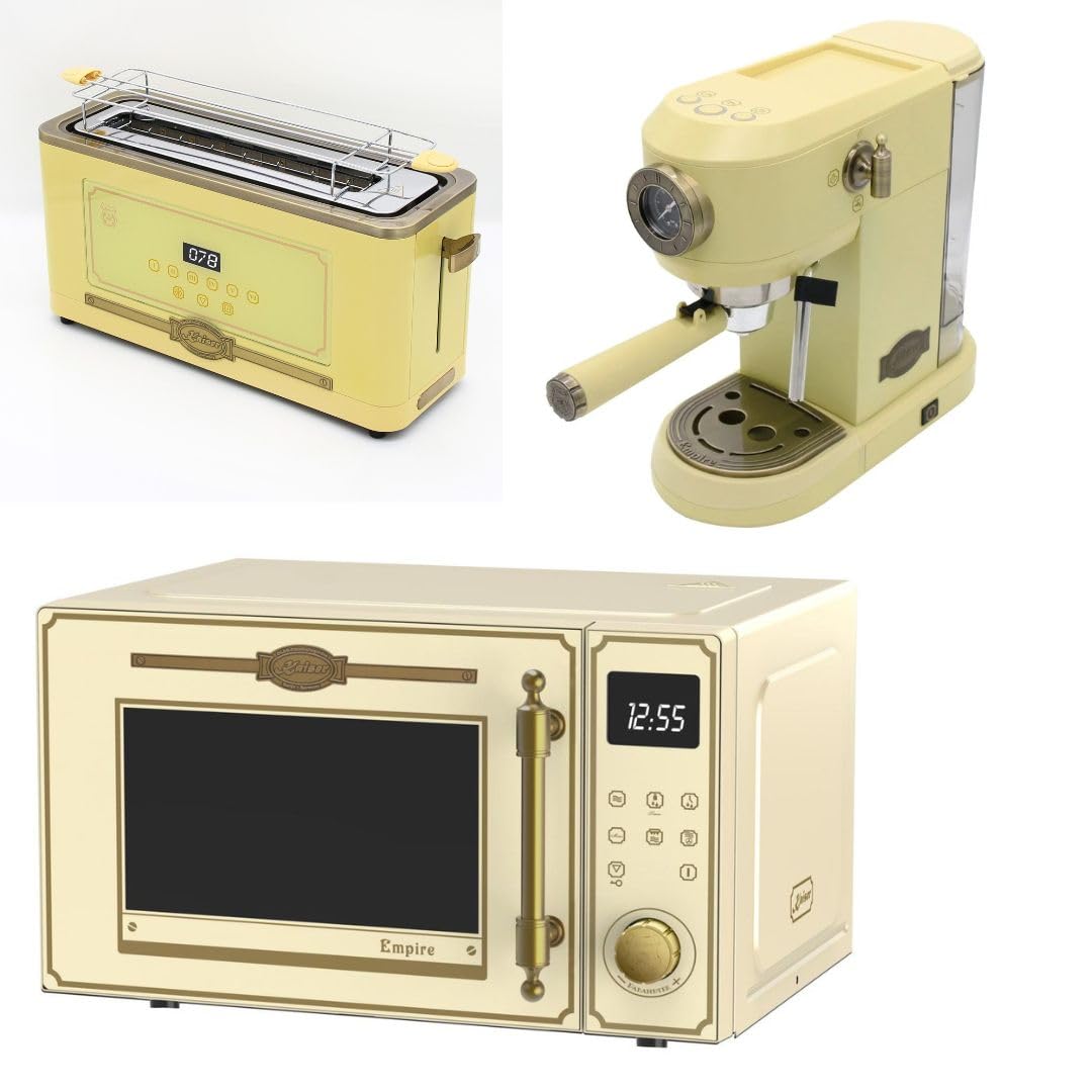 Kaiser Empire M 2530 ElfEm Mikrowelle 25L Mikrowellenherd mit Heißluft Grill 25 Funktionen + Retro Toaster T 4000 ElfEm, 6 Toaststufen + Kaffeemaschine Kaiser KA 2005 ElfEm Empire