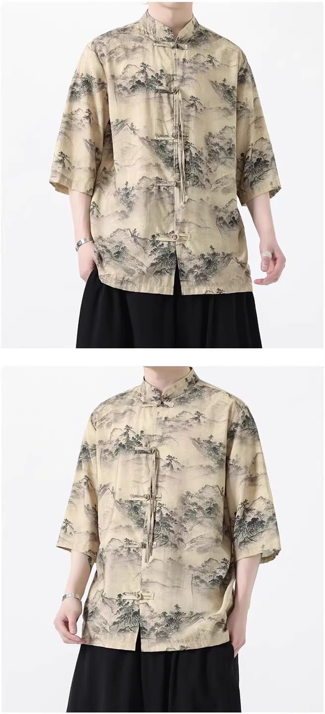 Men's Chinese Style Short Sleeved Shirt Stand-Up Collar Kungfu Tang Suit Casual T-Shirt Tops