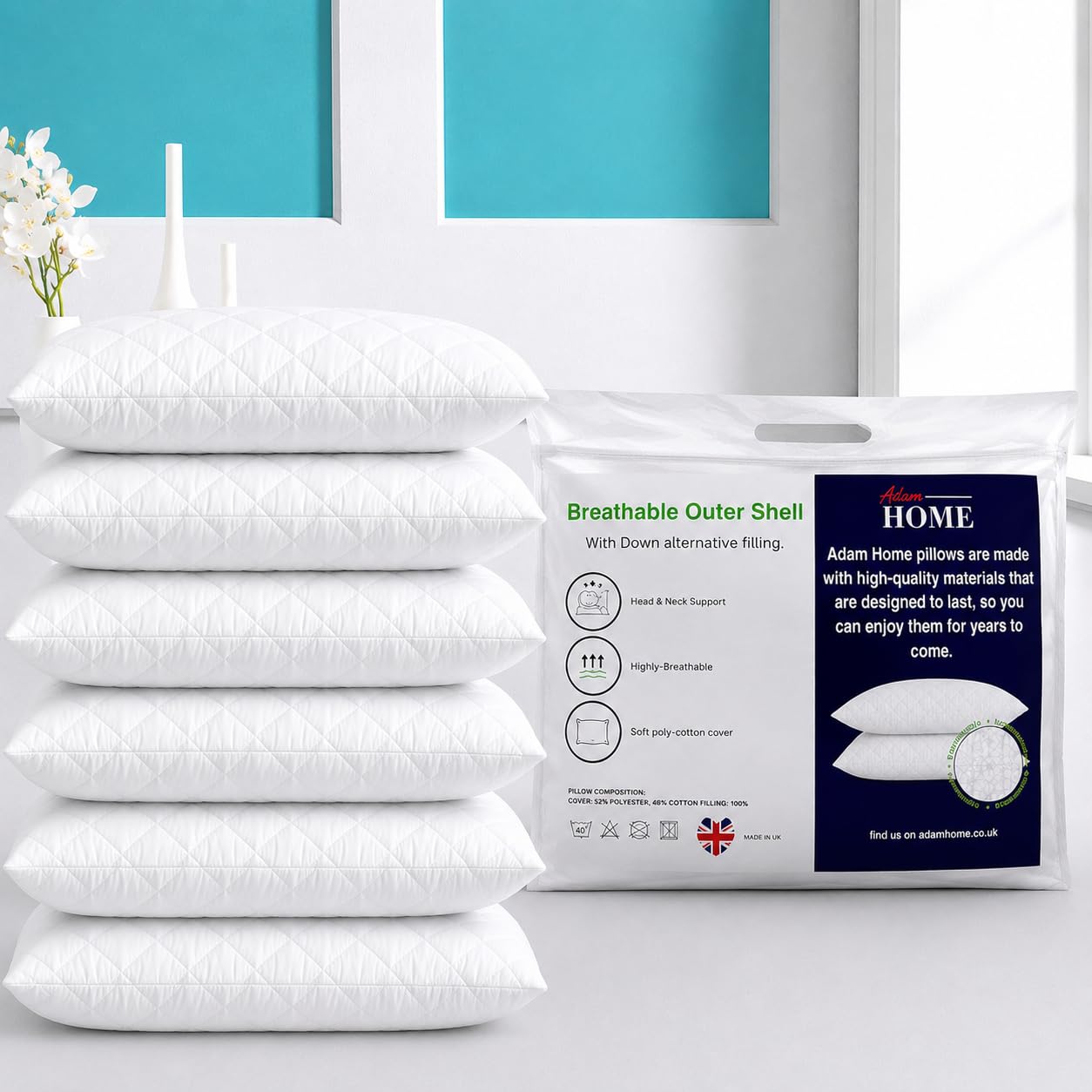 Adam Home Paquete de 6 almohadas prémium con funda acolchada, almohadas rellenas para cama, boca abajo y boca arriba, alternativa al plumón, almohadas de fibra hueca suave