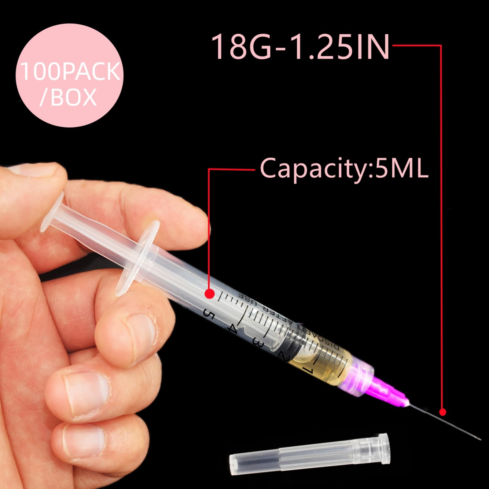 100 Pack 5ml Plastic Sterile Syringes with 18Ga, for Scientific Labs, Liquids Dispensing and Measuring Syringe Tools — Amazon image 2