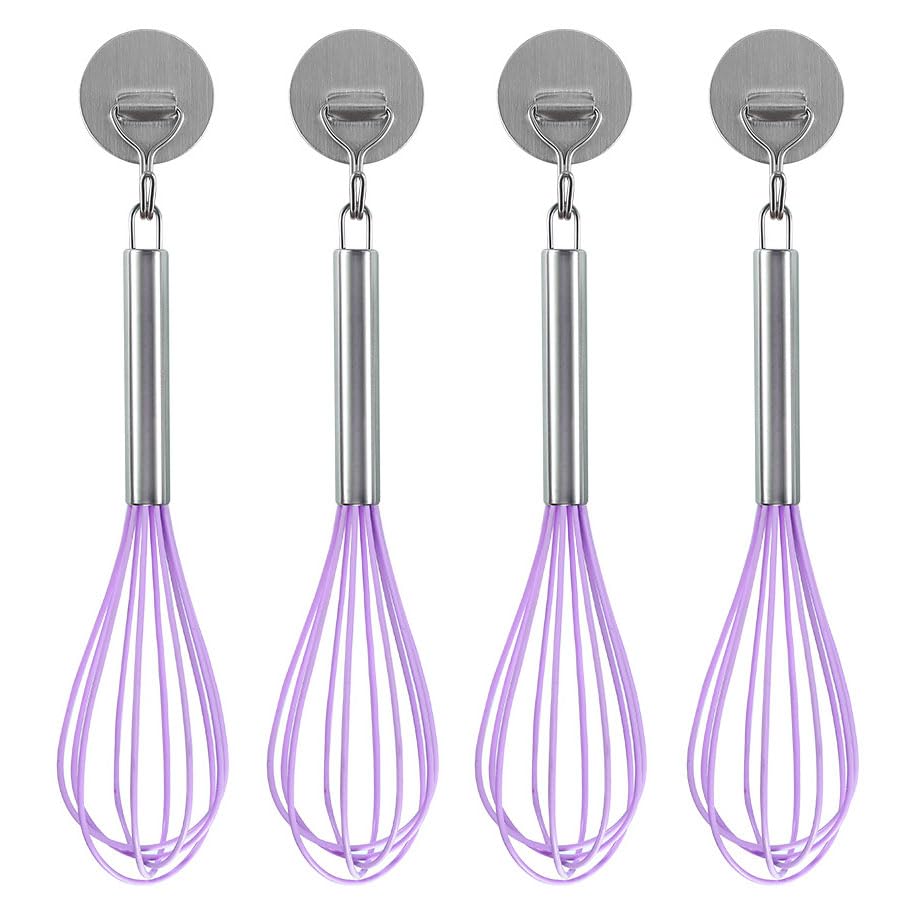 Ousyaah 5-Piece Silicone Whisk Stainless Steel Handle, 10-Inch Kitchen Egg Beater Milk Frothers for Cooking, Classic Mixer Balloon Wire Whisk for Blending, Whisking, Beating and Stirring (Purple)