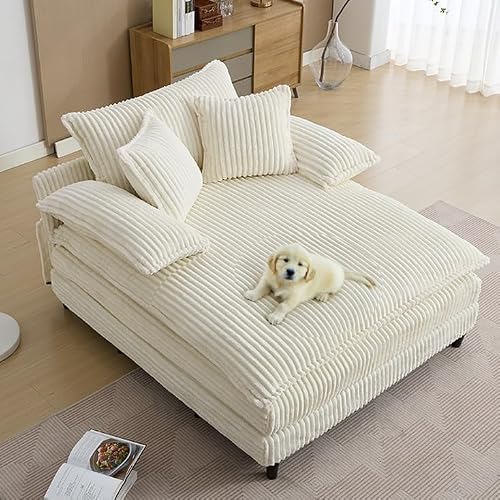 HRVEOCEI 64” Oversized Chaise Lounge Chair Indoor, Beige Oversized Upholstered Sleeper Chair with Wood Frame for Bedroom Living Room, 4-Position Adjustable Backrest, Corduroy Reading Lounge Chair