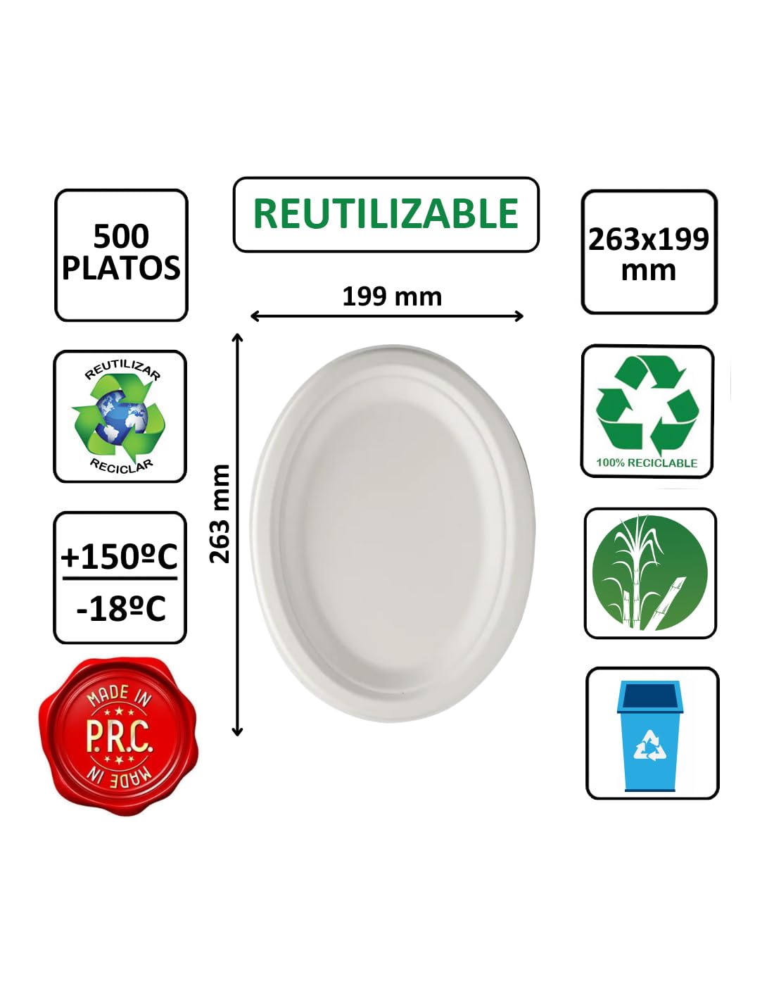 500 uds - Platos de bagazo ovalados 263x199 mm de fibra caña de azúcar - Biodegradables, compostables, ecológicos, desechables y reciclables - Apto para microondas