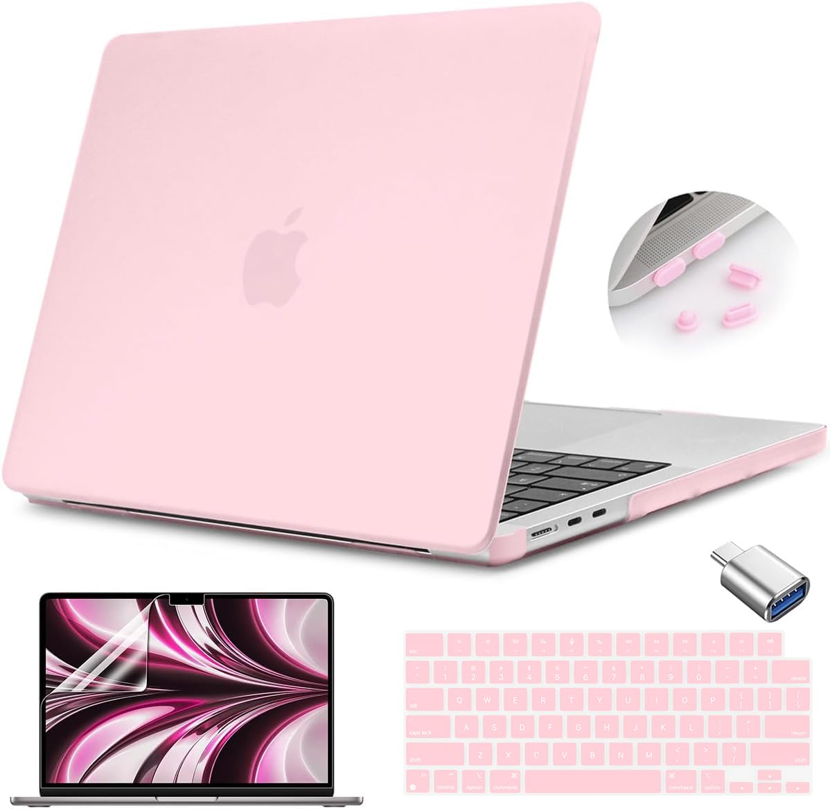 Funda Teryeefi compatible con MacBook Air de 13,6 pulgadas M2 M3 M4 2022 2023 2024 2025, modelo A2681/A3113/A3240, funda rígida para portátil, funda de teclado y adaptador USB 3.0, rosa tiza esmerilada