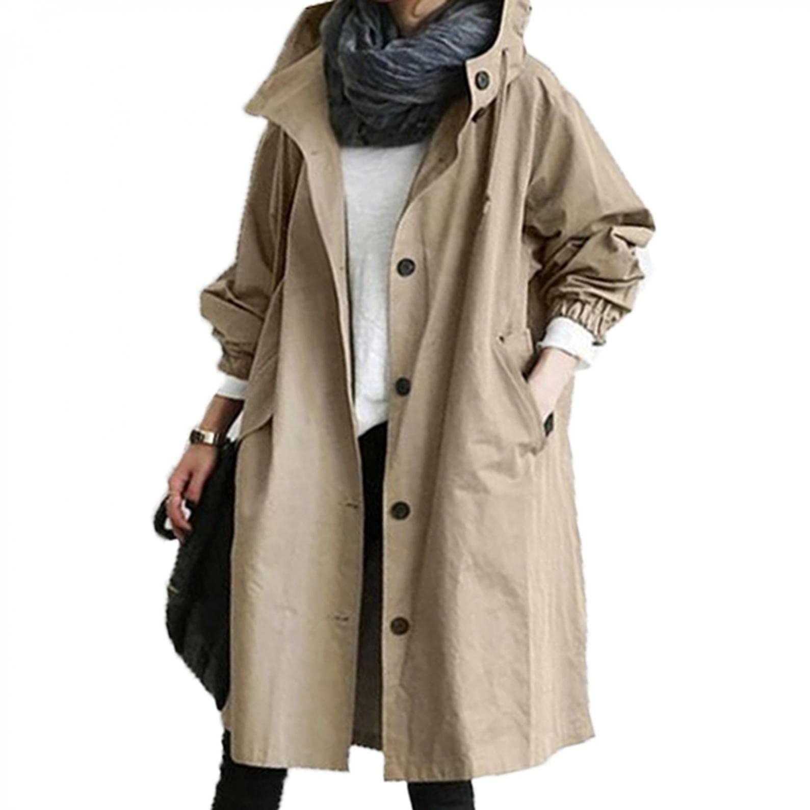 BAOIWEI CaseWomen Hooded Windbreaker Comfortable Trench Coat Outwear Autumn Winter Elegant Loose Trench Jackets with Pockets