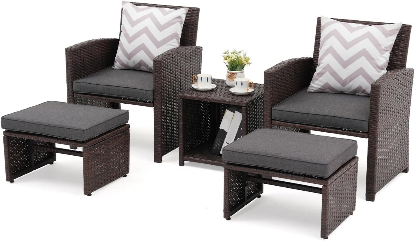 5 Pcs Patio Conversation Set with Cushions Wicker Chair Ottoman Storage Table Balcony Outdoor Furniture Sets for Backyard Porch Poolside Garden(Gray)