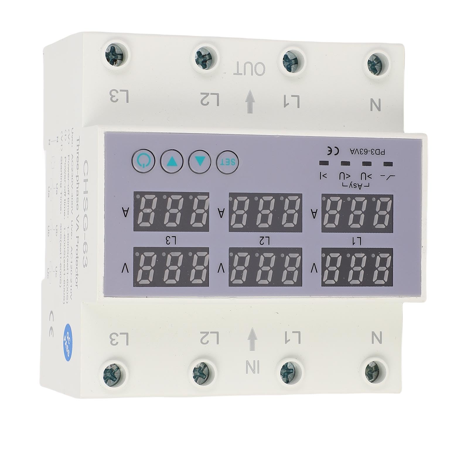 Misuratore di Potenza del Voltmetro su Guida DIN Trifase, AC 390‑500 V Amperometro Digitale Protezione da Sovracorrente da Sovratensione Automatica, Tester Elettrico Trifase Watt (63A)