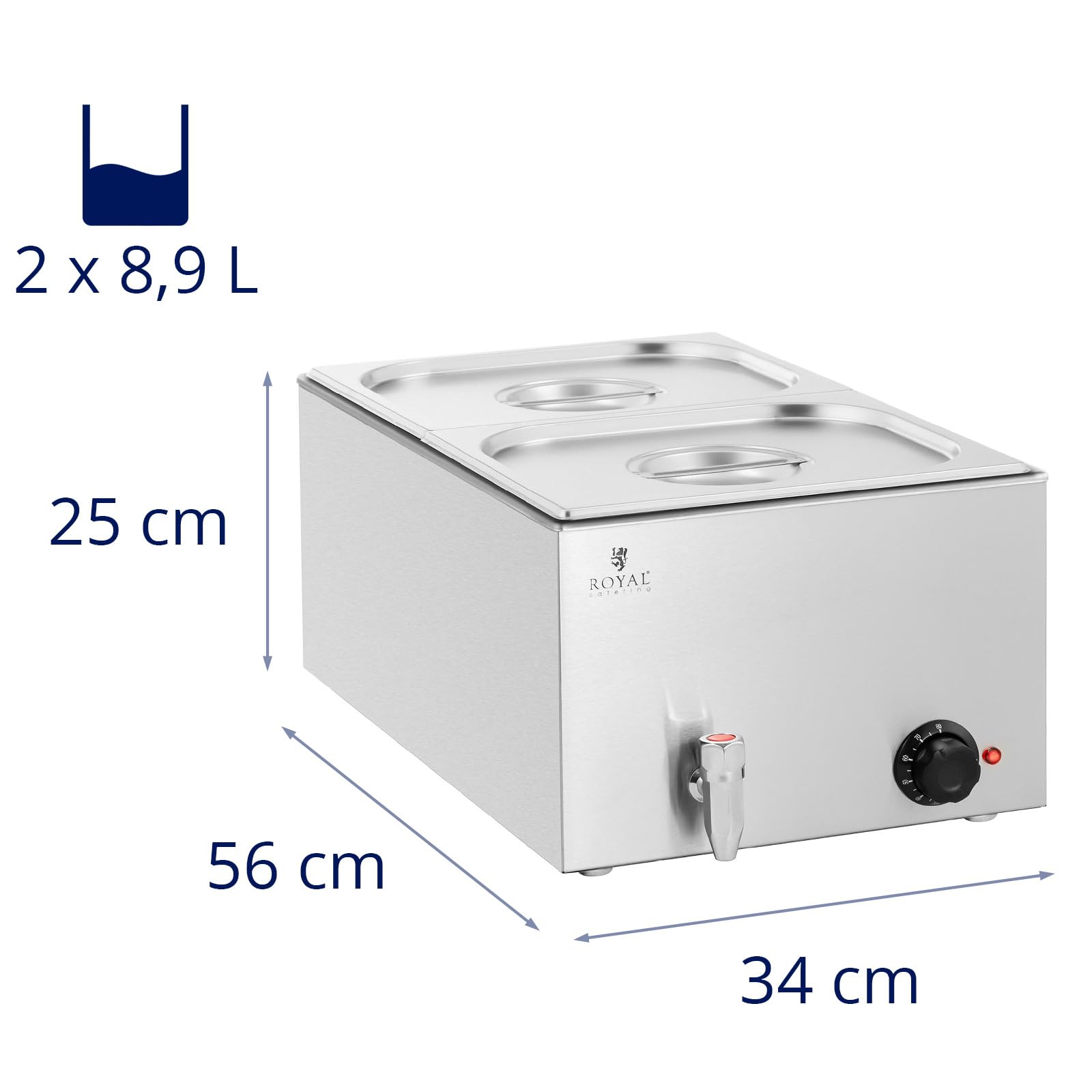 Royal Catering RCBM_GN1/2 Bain Marie 600 W 2 GN 1/2 rubinetto di scarico per bagnomaria scaldavivande