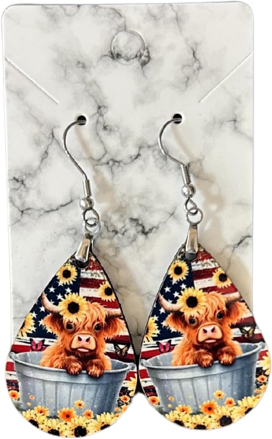 American Flag Highland Cow Earrings, Yellow Sunflower Cow Dangle Earrings, Patriotic Cow Earrings - Image 3