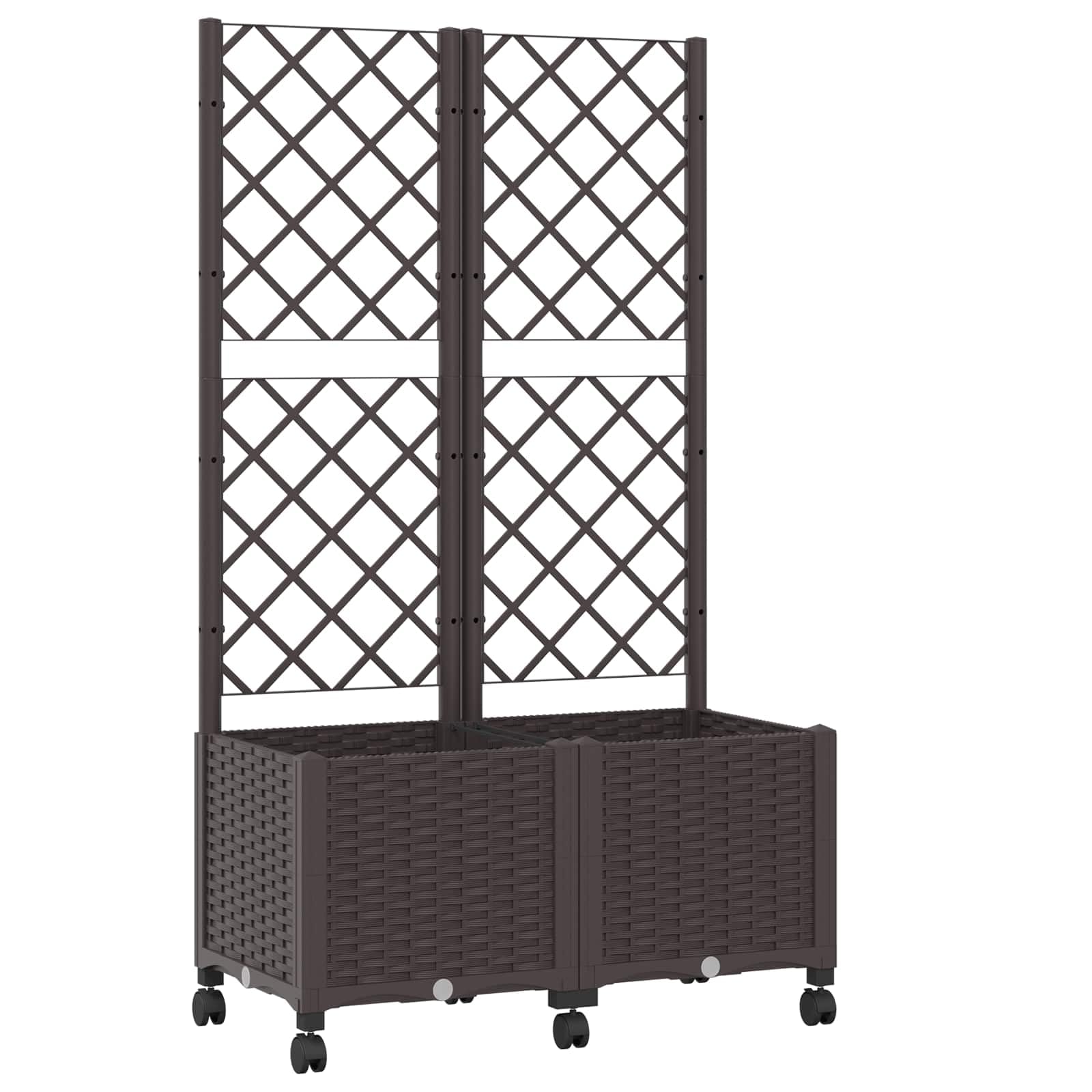 Pflanzkübel mit Spalier und Rollen, fahrbares Hochbeet mit Rankgitter aus PP, Blumenkasten für Kletterpflanzen auf Terrasse und Balkon, Braun, 80 x 40 x 146 cm