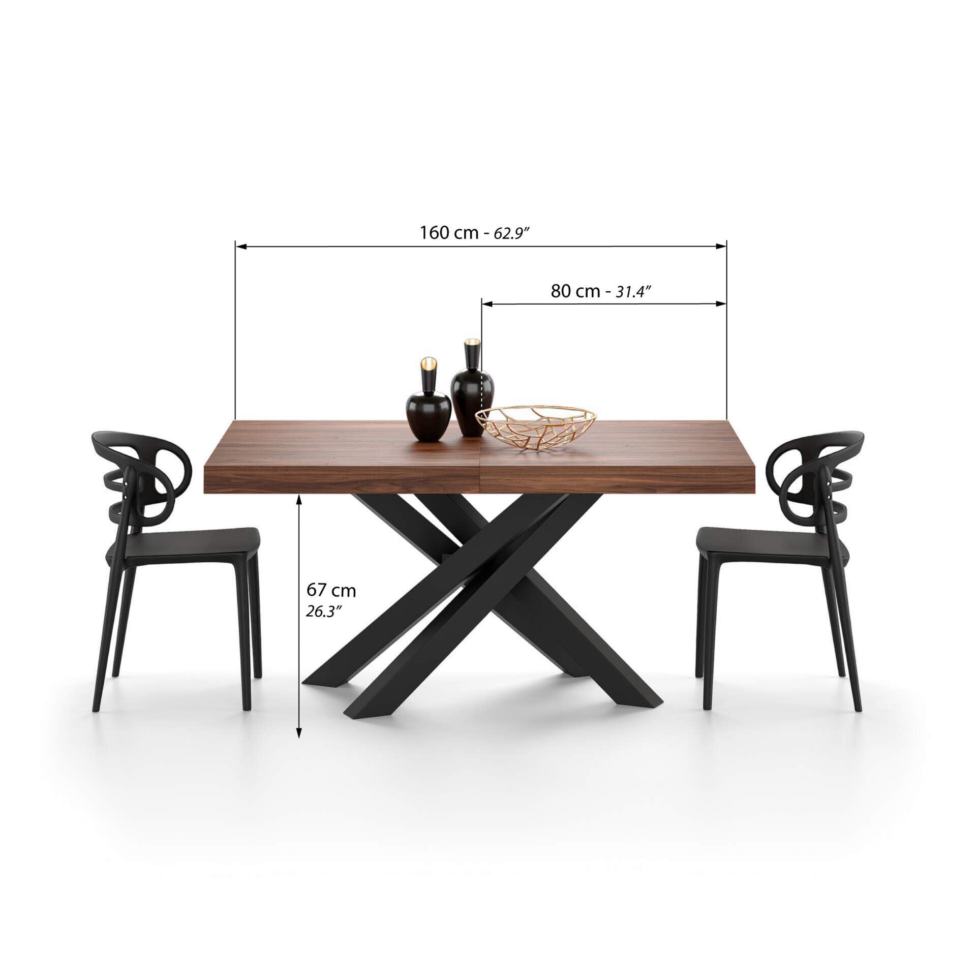 Mobili Fiver, Tavolo Allungabile Emma 160(240) x90 cm, Noce Canaletto con Gambe Incrociate Nere, per 6-10 persone, Tavolo Cucina, Soggiorno, Made in Italy