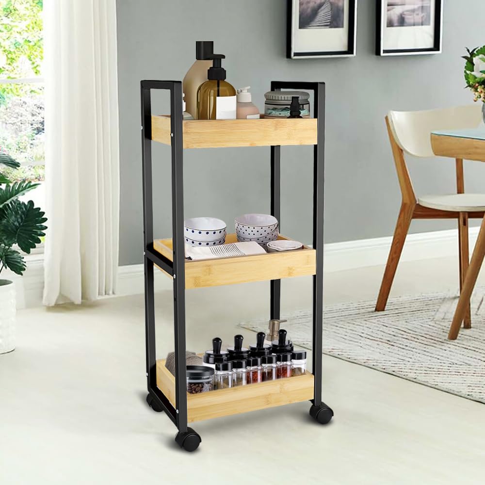 HUOLE Estantería Delgada de Baño, Carrito de Almacenamiento de 3 Niveles sobre Ruedas, Estantería de Bambú y Madera de Baño Estantería de Pie 3 Cestas dim. 30L x 20l x 80H cm-Negro