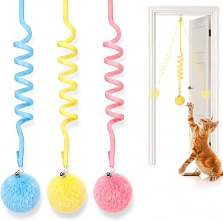 3 Pack Hanging Cat Toys with Bell, Fluffy Plush Ball Retractable Interactive Cat Toy for Indoor Cats, Door Hanging Self Play Teaser Toy for Exercise, Enrichment, Chase Games and Boredom Relief